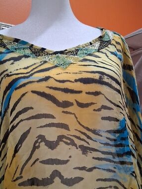 Beaded-Neckline Zebra-Print Tunic in Yellow and Blue